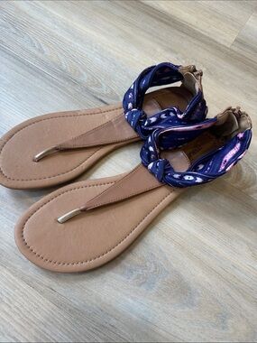 Women’s Tan Sandal with Navy Patterned Wrap - Brand:
